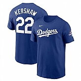 Men's Los Angeles Dodgers #22 Clayton Kershaw Royal 2024 World Series Champions Name & Number T-Shirt,baseball caps,new era cap wholesale,wholesale hats